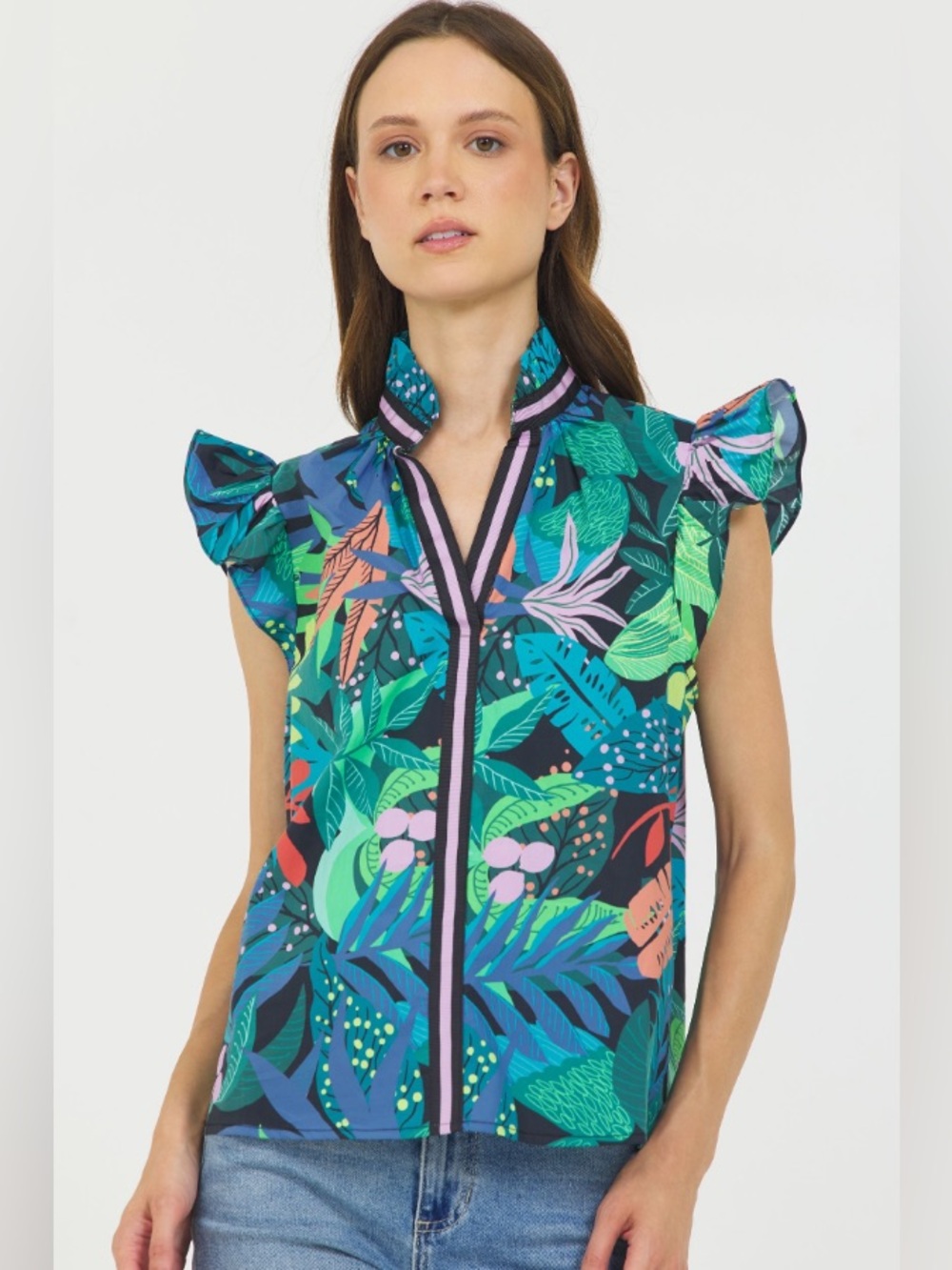 NWT Stellah Tropical Leaf Ruffle Sleeve Shell Sz small